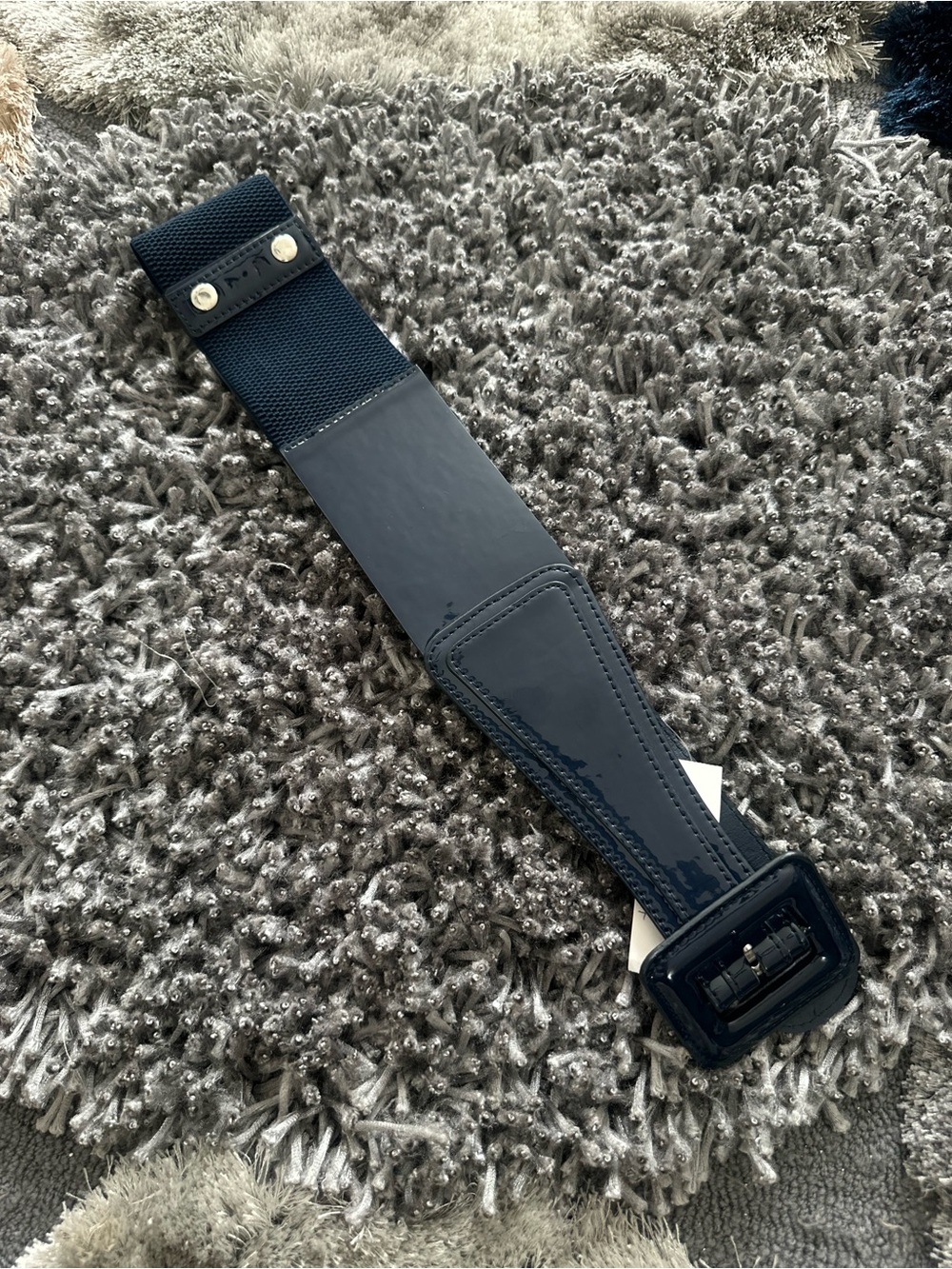 New York & Company Navy Blue Wide Stretch Belt S/M Patent Statement Buckle Y2K